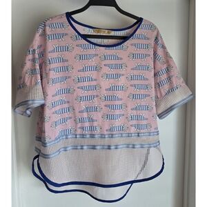 Elf Sack Women Short Sleeve Top XXL Pink Blue Cat Print Round Neck Tee Shirt